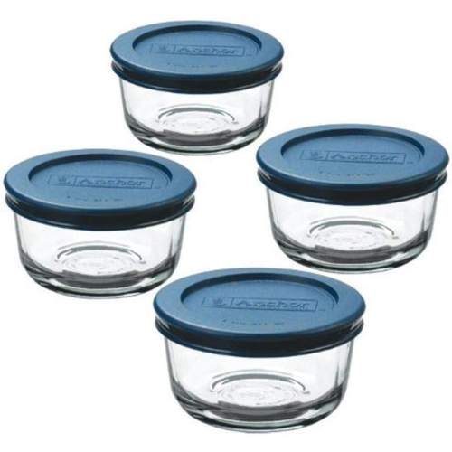 Glass Food Storage Containers with Plastic Lids, Blue, Set of 4 (1-Cup Round)