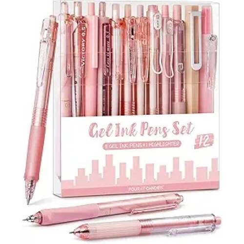 Four Candies 12Pack Pastel Gel Ink Pen Set, Cute Note Taking 0.5mm Fine Point Retractable 11 Pack Black Ink Pens with 1Pack Highlighter for Writing, School, Office (Pink)