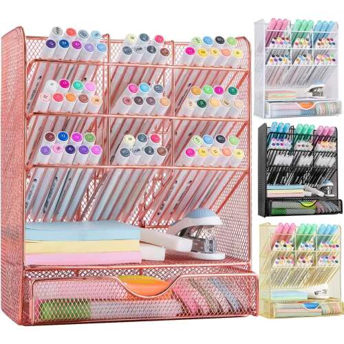 Spacrea Pen Holder Desk Organizer - Desk Organizers and Accessories, Pencil Holder with 10 Compartments and 1 Drawer（Rose Gold）